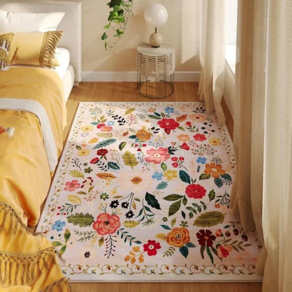 New 4x6 Washable Boho Rug, Non-Slip Low Pile Floral Carpet for Home & Office